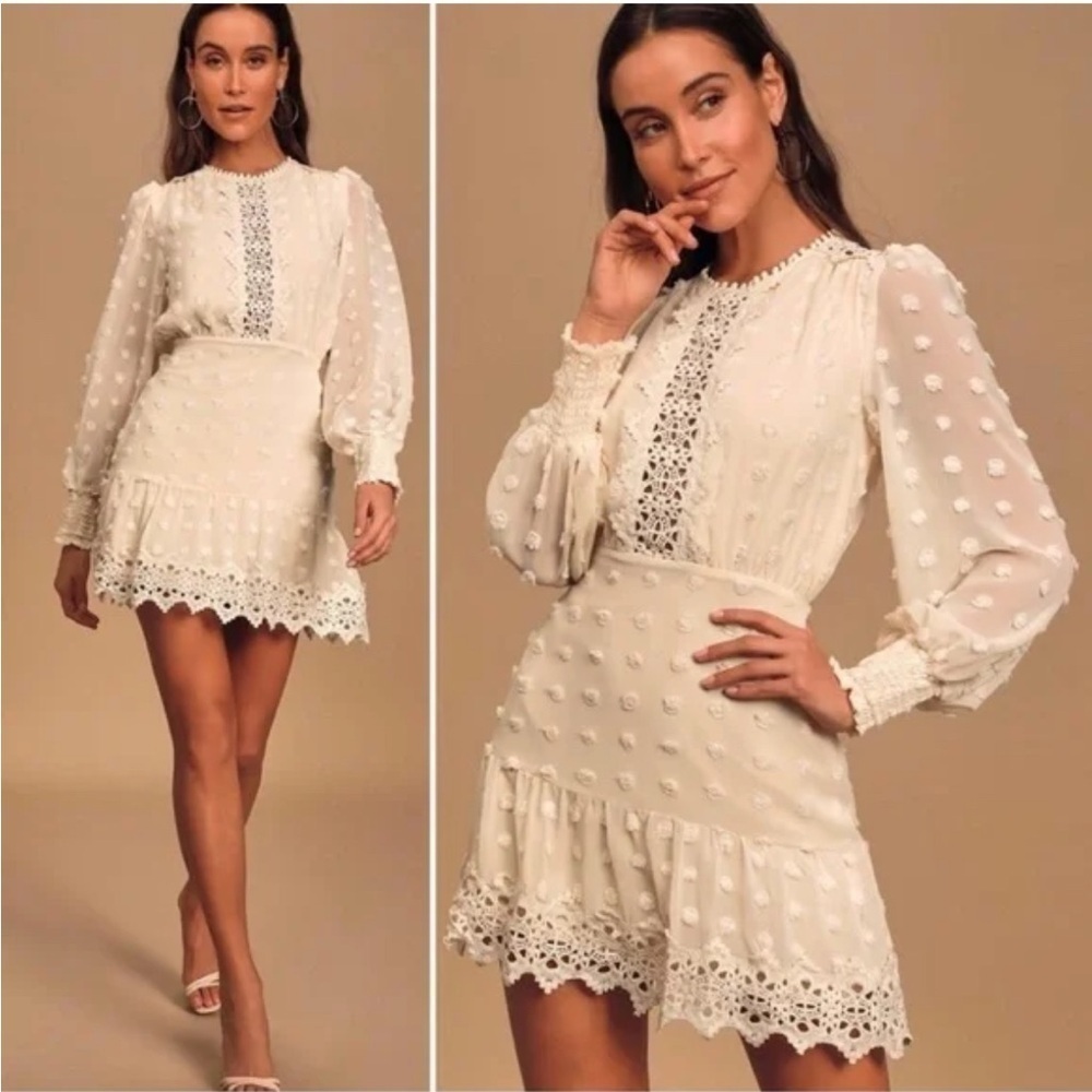 NEW Lulus Cream Embroidered Lace Boho Scandi Girl Chic XL Chiffon Dress lined - Picture 2 of 14